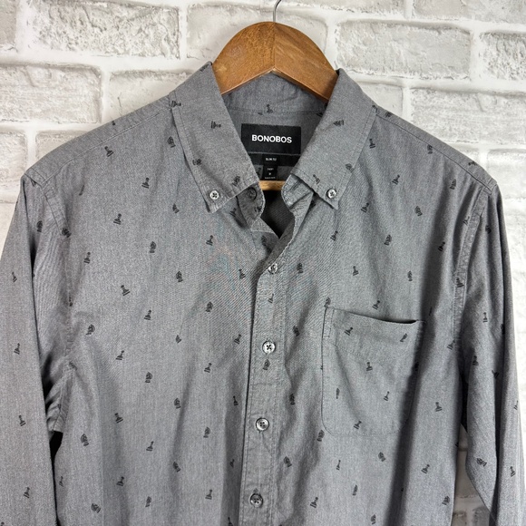 Bonobos Slim Fit Dark Gray Chess Pieces AOP Casual Button Up Shirt Mens MEDIUM - Picture 1 of 8